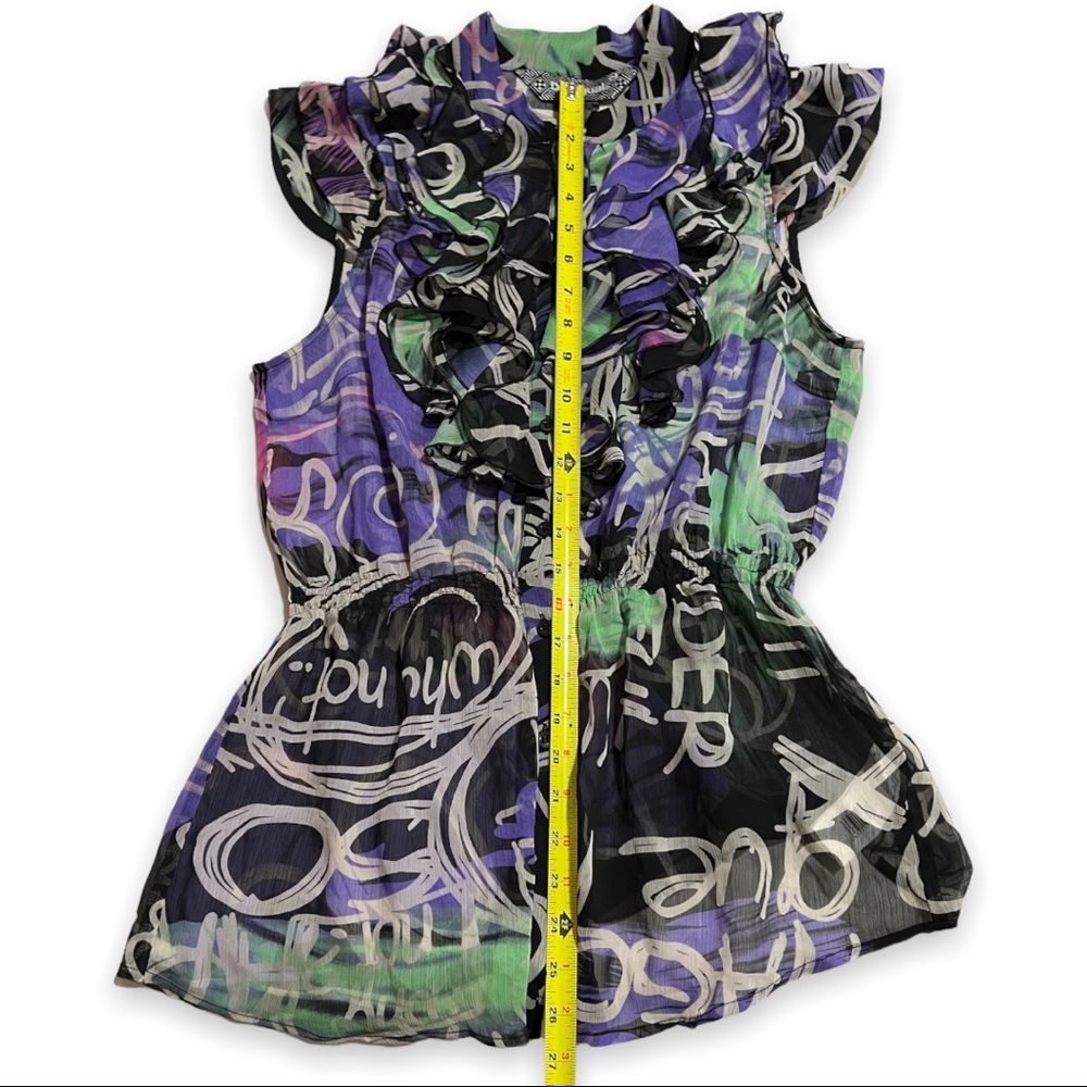 DESIGUAL Sleeveless Ruffle Top Button Front Graffiti Print Semi Sheer Large - Picture 10 of 10